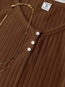 Teen Girl Teen Girl Summer New Snug Fit Versatile Brown Ribbed Knit Round Neck Button Short Sleeve Top - Brown - View 4