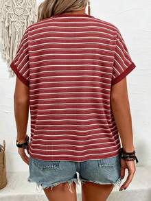 EMERY ROSE CURVE Plus Size Summer Casual Striped Notch Neck T-Shirt - Multicolor - View 2