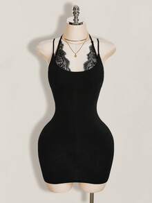 SHEIN ICON Women's Summer Sexy Lace Patchwork Backless Halter Neck Fitted Mini Dress - Black - View 3