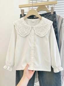 SHEIN 青少年女孩秋季上衣 優雅刺繡花卉領長袖前開鈕扣休閒公主風襯衫，適合學校、度假 - 白色 - 查看 5