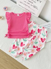 SHEIN Playful Pals 2件組女嬰幼兒羅紋圓領荷葉袖短袖T恤與圖案長褲套裝，女嬰服飾，嬰兒上衣，派對、度假、花卉、田園風，適合夏季 - 粉色 - 查看 1