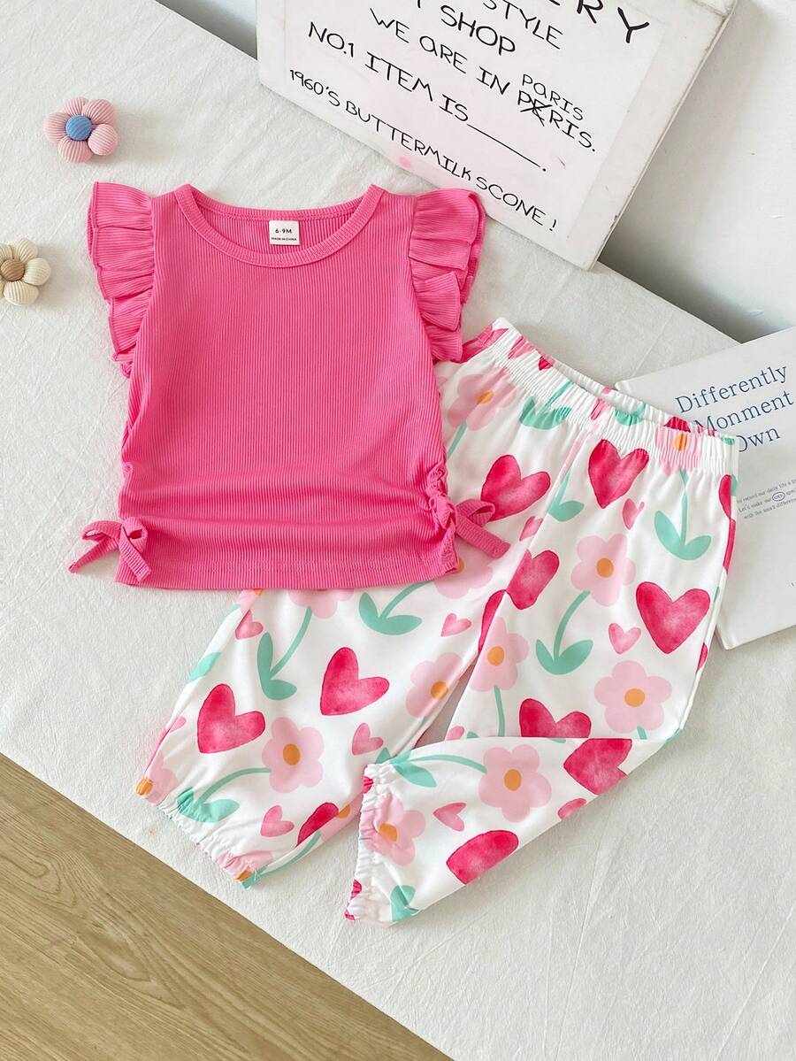 SHEIN Playful Pals 2件組女嬰幼兒羅紋圓領荷葉袖短袖T恤與圖案長褲套裝,女嬰服飾,嬰兒上衣,派對、度假、花卉、田園風,適合夏季 - 粉色 - 查看 1