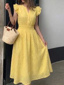 NOVVYNE 女款春夏黃色編織鏤空刺繡收腰荷葉袖V領A字優雅浪漫中長洋裝 - 黃色 - 查看 5