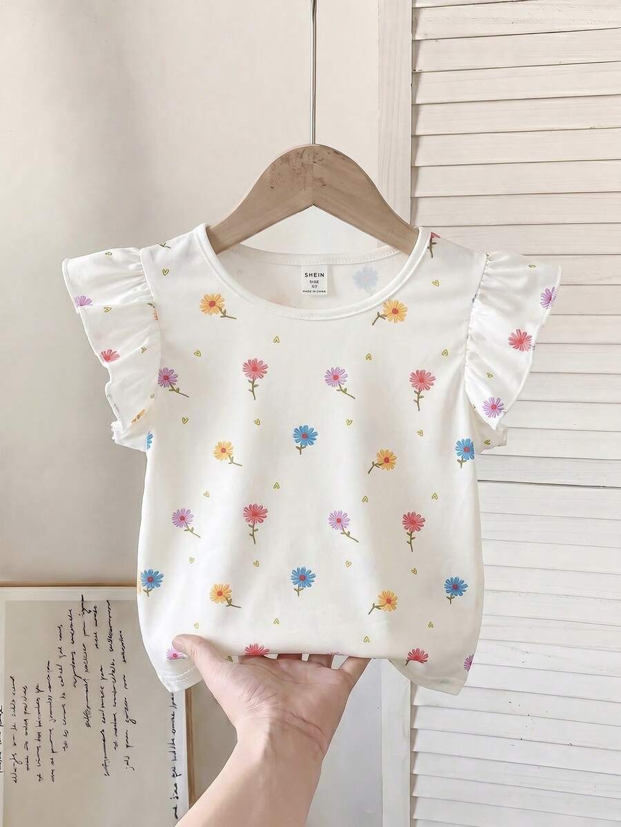 SHEIN 波西米亞碎花、溫柔紫色條紋、3D蝴蝶結圖案,年輕女孩休閒簡約百搭圓領短袖T恤 1件,適合春季 - 彩色 - 查看 1