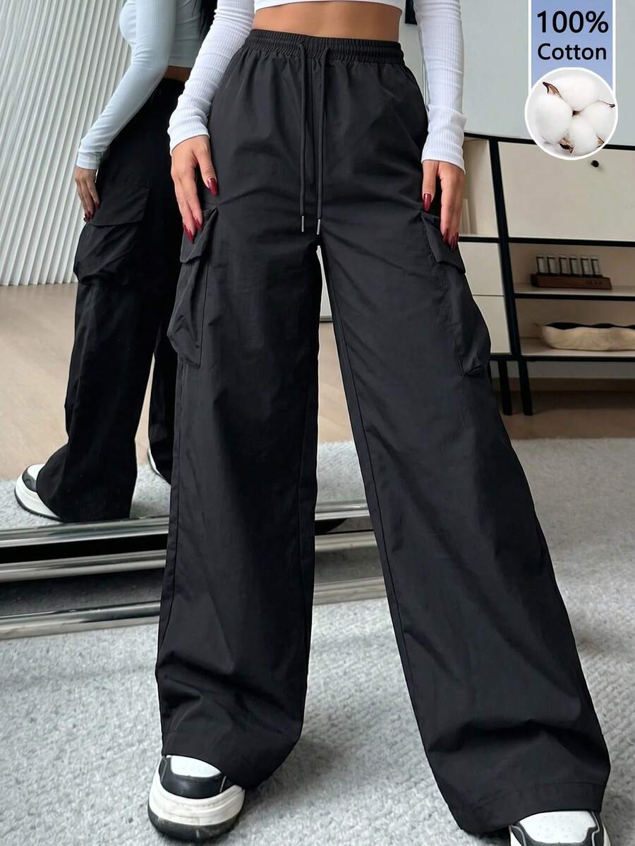 SHEIN EZwear 休閒素色梭織高腰寬腿女款長褲