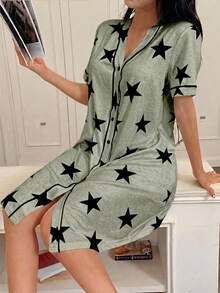 SHEIN 美国休闲星形印花V领短袖女士睡裙 - 彩色 - 查看 6