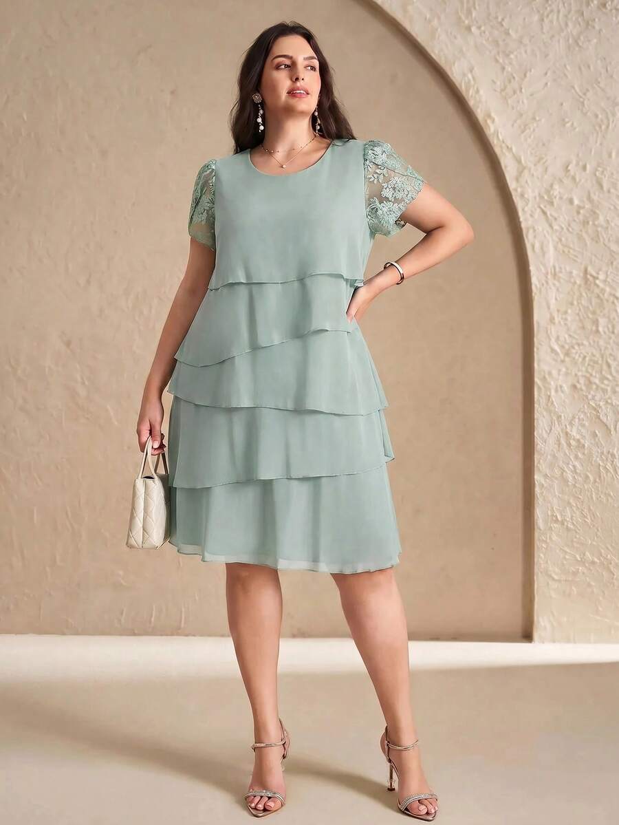 Reflora Đầm nữ size lớn màu xanh xám mùa hè thanh lịch cho khách mời đám cưới, cổ tròn, gấu xếp ly nhiều lớp, trang phục dạ hội sang trọng cho tiệc chính thức và lễ tốt nghiệp - màu xanh lá - Xem 1