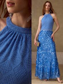 MOTF PREMIUM NUEVO VESTIDO ELEGANTE SIN MANGAS CON CONTRASTE DE LENTEJUELAS, VESTIDO LARGO DELGADO CON ESPALDA DESCUBIERTA DE MODA PARA EL VERANO - Azul - Ver 1