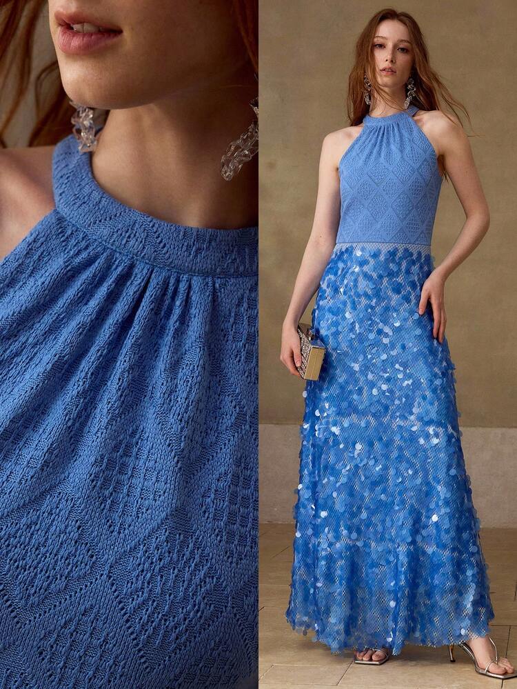 NEW SLEEVELESS CONTRAST SEQUIN ELEGANT DRESS, FASHION SUMMER BACKLESS SLIM LONG DRESS