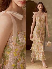 MOTF PREMIUM 优雅刺绣网纱系带肩部荷叶边下摆连衣裙，度假风 - 白色 - 查看 1