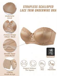 SHEIN Women's Plus Size Sexy Hollow-Out Lace Balcony Bra,Beige,Summer,Wedding Smooth Shiny Instantlift Bra With Transparent Straps & Wire-Supported Support - Apricot - View 4