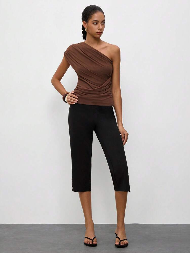 SHEIN Maija Women's Solid Color One-Shoulder Pleated Fitted Versatile Daily Casual Top,Going Out Outfits,Summer Holiday Outfits