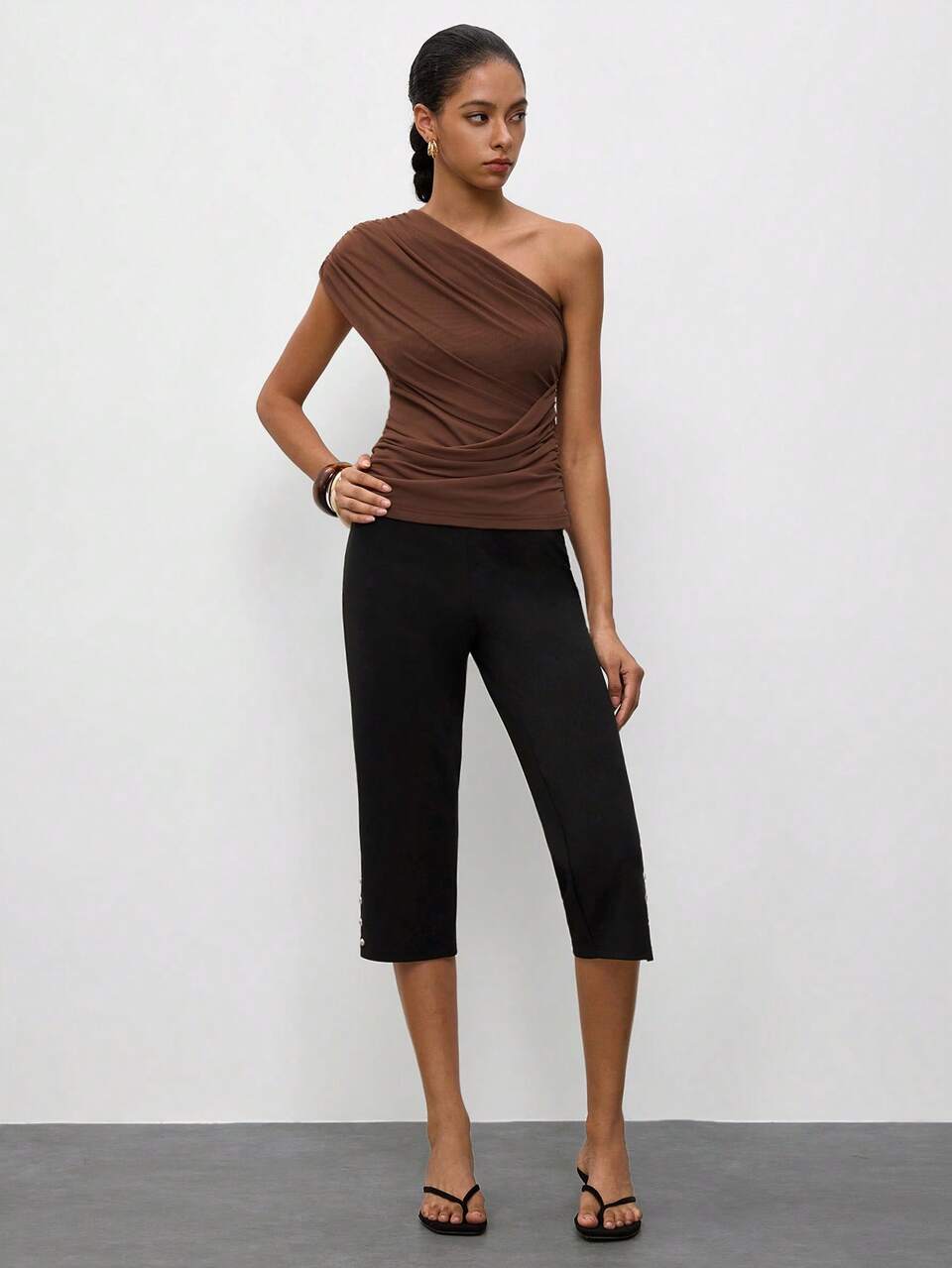 SHEIN Maija Women's Solid Color One-Shoulder Pleated Fitted Versatile Daily Casual Top,Going Out Outfits,Summer Holiday Outfits