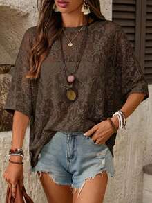 SHEIN LUNE Áo thun nữ tay ngắn dáng rộng thoải mái, thích hợp mặc ở nhà, mùa hè, dạo phố. - Màu nâu Sô-cô-la - Xem 1