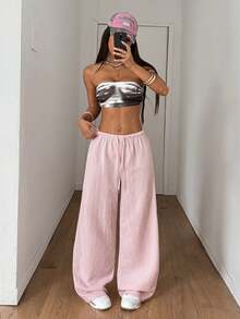 StreetHx Tall Women's Textured Pink Drawstring Waist Wide Leg Casual Long Pants - Pink - View 5