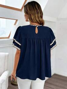 Vionelle Plus Size Elegant Bohemian Style Double-Layer Ruffle Trim Patchwork Casual Blouse - Navy Blue - View 2