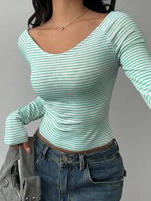 SHEIN BASICS 休閒針織條紋圓領長袖修身短版女上衣 - 薄荷綠 - 查看 4