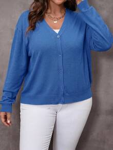 EMERY ROSE Plus Size Solid Color V-Neck Long Sleeve Cardigan - Blue - View 6