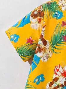 SHEIN Kemeja Tenun Lengan Pendek Berkerah Terbuka Depan dengan Motif Garis-garis Kasual untuk Anak Laki-laki Remaja - Kuning - View 4