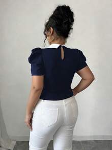 Elenzga 夏季珍珠裝飾 3D 泡泡袖法式復古風短版修身大尺碼 T-shirt - 寶藍色 - 查看 2