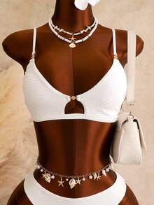 Swim Vcay Women's Teacher Summer Textured Solid Fabric Front Strap With Small Metal Buckle Swimsuit Set Beach White Sexy - Apricot - View 6