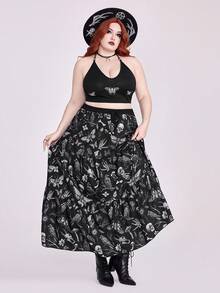 ROMWE Fairycore Outdoor Vacay Summer Outfits Plus Size Women 2 Pieces Set With Dark Gothic Raven, Dead Tree, Skull, Butterfly, Moth, Mushroom All-Over Print - Black - View 7