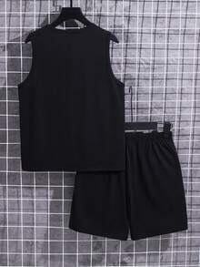 SHEIN 2 peças/Conjunto Infantil Pré-Adolescente Menino Casual Regata Solta com Patchwork e Blocos de Cores e Shorts, Adequado para Deslocamento, Escola, Passeios Casuais Diários, Esportes, Primavera e Verão - Preto - Visão 3