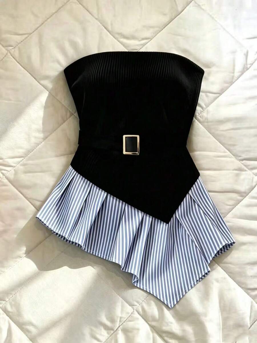 Franclia 女士优雅衬衫、女士休闲上衣、女士抹胸上衣、女士蓝色条纹衬衫、女士黑色针织上衣、女士时尚衬衫、夏季上衣、夏季套装、派对衬衫、女士度假套装、女士正装衬衫、Y2K风格上衣、女士通勤套装、女士职业装、荷叶边下摆衬衫 - 黑色 - 查看 1
