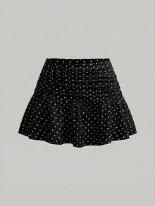 Girlism 青少年女孩春/夏新款白色針織休閒極簡波點印花貼身抓皺A字低腰迷你裙，波點，波點裙，波點短裙，休閒，個性化穿搭，日常百搭 - 黑色 - 查看 6