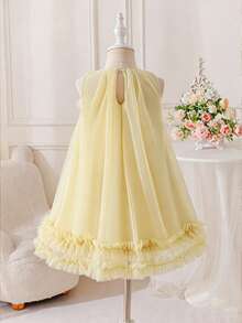 SHEIN Glamorique Kids 女童夏季綠色無袖碎花洋裝，甜美可愛風格，優雅且 - 黃色 - 查看 2