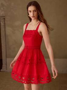 MOTF PREMIUM WOMEN'S PATCHWORK HOLLOW LACE TIE WAIST CAMI DRESS - Red - View 4