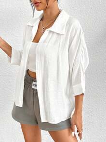 SHEIN PETITE 春季白色纯色蝙蝠袖白衬衫、七分袖上衣 - 白色 - 查看 4