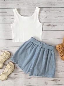 SHEIN Tween Girl White Ribbed Crew Neck Tank Top And Lace-Up Denim Shorts 2-Piece Set - White - View 10