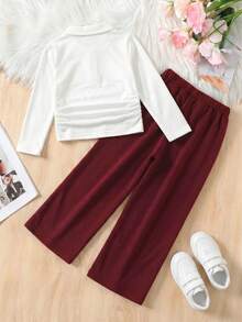 SHEIN 2pcs/Set Girls' Casual Versatile Solid Color Knit Long Sleeve Polo T-Shirt Set With Cherry Pattern, Suitable For Fall And Winter - White - View 4