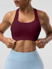 Seamluxe SHEIN Sport Women's Solid Color Sleeveless Cropped Athletic Fitted Yoga Racerback Tank Top - Burgundy - View 6