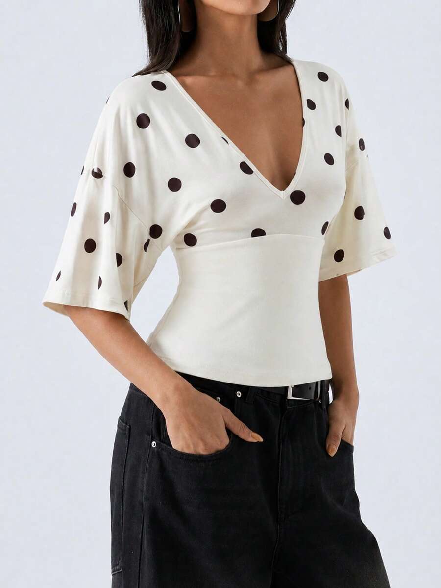 LYSMO Women's Summer Casual Polka Dot Print Patchwork Waist-Defining T-Shirt - Pale Yellow - View 1