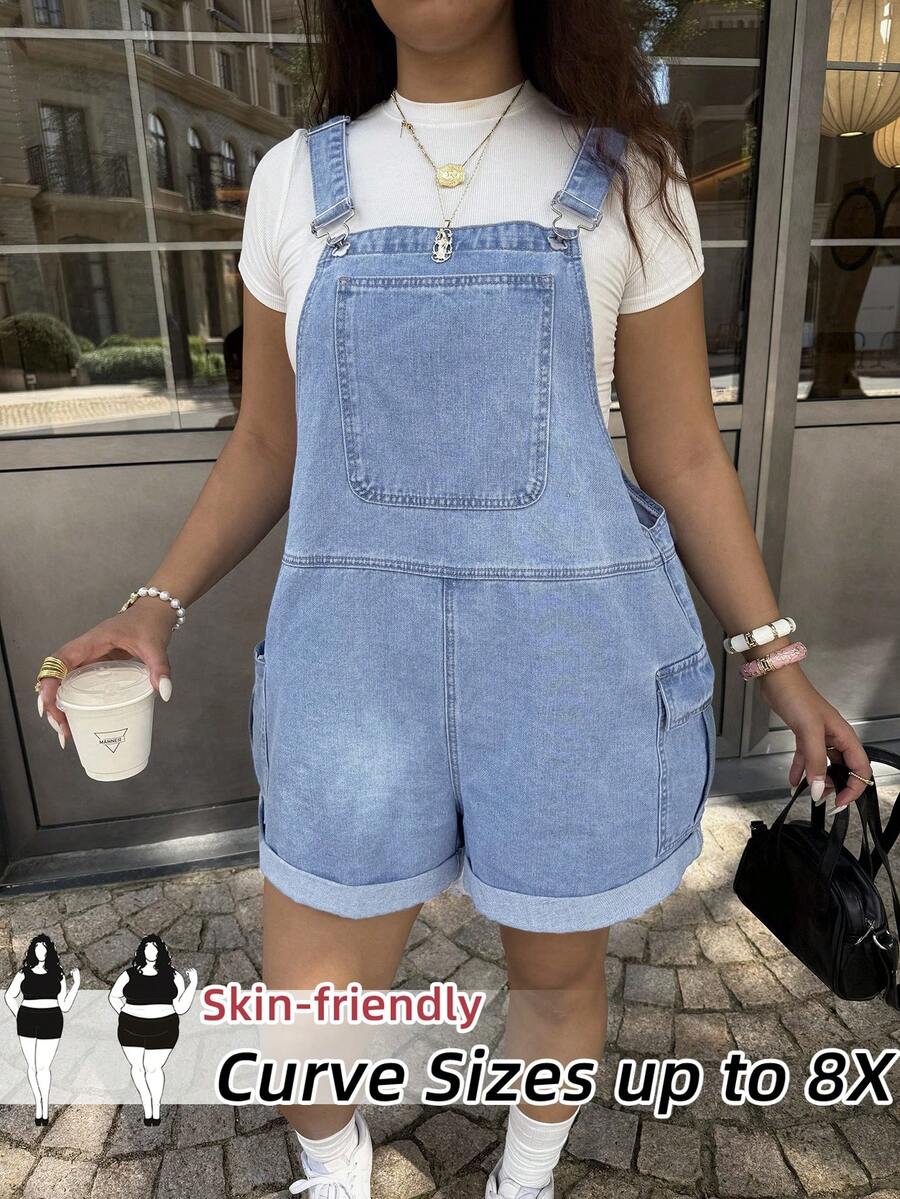 SHEIN CURVE+ Plus Size Women's Cargo Pocket Casual Denim Overalls Shorts - Light Wash - View 1