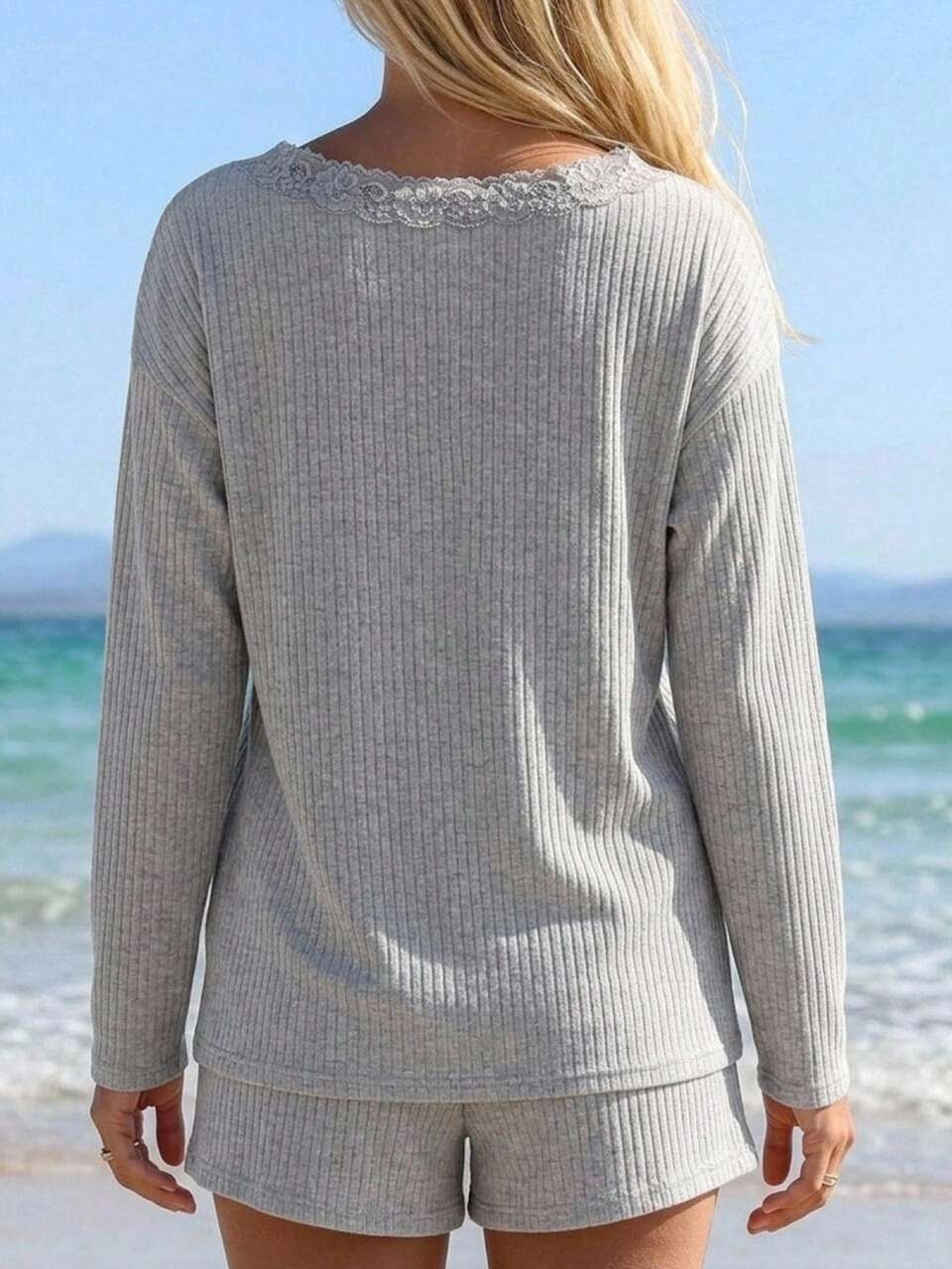 Summer Autumn Minimalist Grey Lace Patchwork Comfortable Knit Women's Loungewear Set