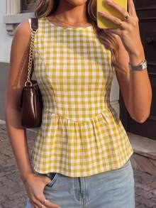 SHEIN Holidaya Áo sơ mi nữ kẻ caro xếp nếp, kiểu dáng thường ngày, đa năng. - Màu vàng - Xem 4