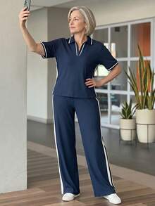 EMERY ROSE Middle-Aged And Elderly Women's Short Sleeve Top And Long Pants Set Dates Tidur Autumn - Navy Blue - View 4