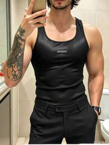 Manfinity Dauomo 夏季男士休閒度假性感修身人造皮革無袖背心上衣 - 黑色 - 查看 4