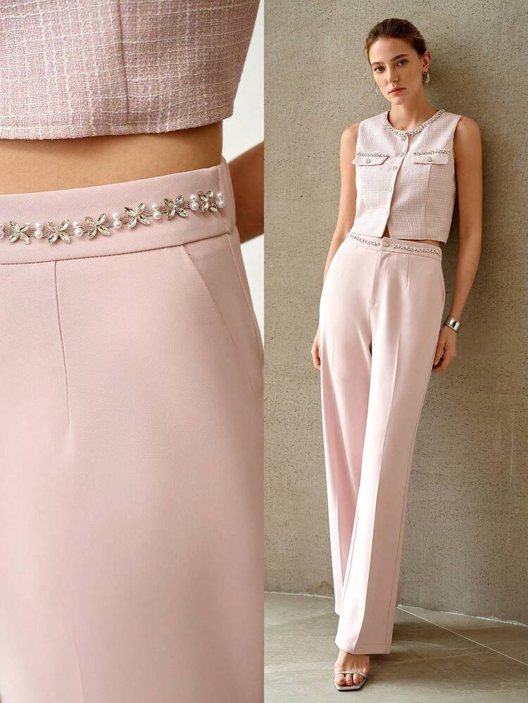 SUMMER NEW LOOSE SUIT PANTS WOMEN, HIGH WAIST NARROW STRAIGHT LEG CASUAL TROUSERS, PINK