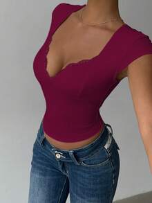 INAWLY Áo thun nữ cổ tim ren màu tương phản tay lửng ôm sát gợi cảm - Màu Đỏ Sâu - Xem 4