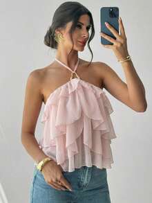 Firerie Damen Sommer elegant romantisch Urlaub Neckholder Metall Dekoration mehrschichtig Rüschen Lotus Rosa Bluse Top - Altrosa - Übersicht 3