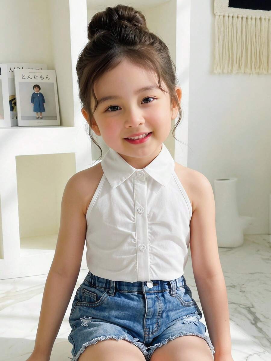 SHEIN Genkimix Kids 女童白色无袖露脐上衣,适合休闲外出、派对和日常穿着。 - 白色 - 查看 1
