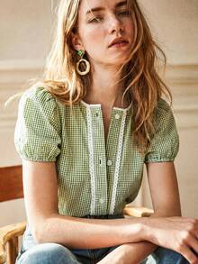 Écloséra Women's Spring/Summer Retro Fashion Green Checkered Round Neck Lace Decorated Short Sleeve Casual Shirt, Country Style Suit, Commuter Wear, Green Top - Green - View 3