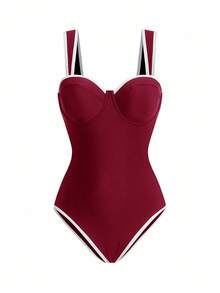 Swim Oasis 女款春夏季海灘度假式一件式泳衣附罩衫裙套裝 - 紅白色 - 查看 6