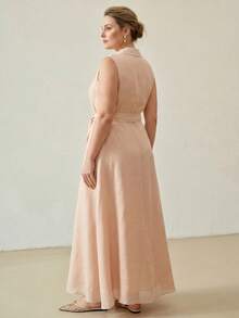 MOTF PREMIUM AUTUMN/WINTER WOMEN'S PLUS SIZE LINEN BLEND COLLARED SLEEVELESS WRAP LONG DRESS - Baby Pink - View 4