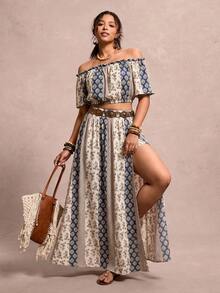 SHEIN VCAY 大尺碼女款花卉印花露肩短版上衣與裙子兩件套 - 彩色 - 查看 1
