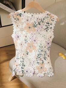 Ellevyn 女士花卉印花水溶性蕾丝钩编吊带背心，时尚显瘦无袖上衣设计 - 彩色 - 查看 2